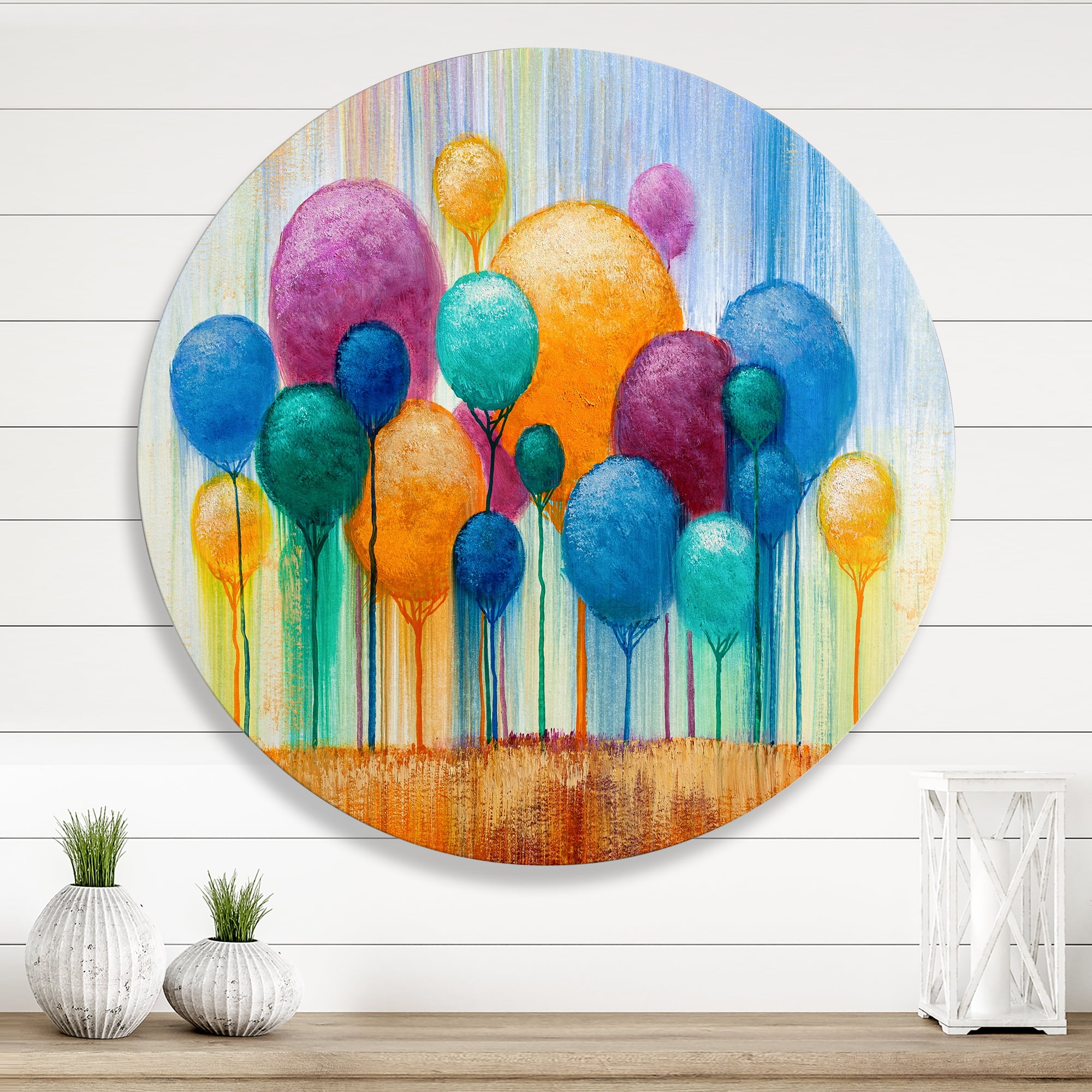 Designart 'Ornamental Colourful Trees IV' Modern Circle Metal Wall Art 23x23 - Disc of 23