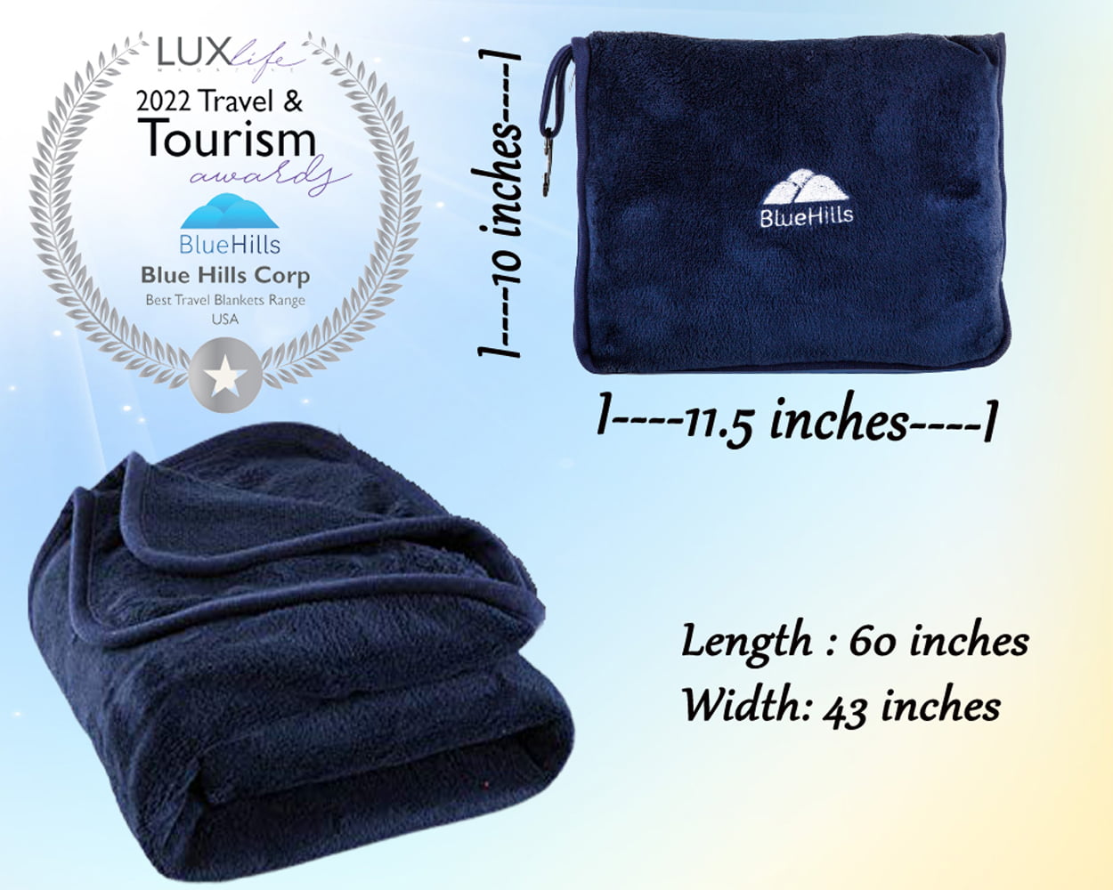 Black T008 BlueHills Premium Soft Travel Blanket Pillow Airplane Blanket Packed in Soft Bag Pillowcase with Hand Luggage Belt and Backpack Clip Compact Pack Large Blanket for Any Travel 