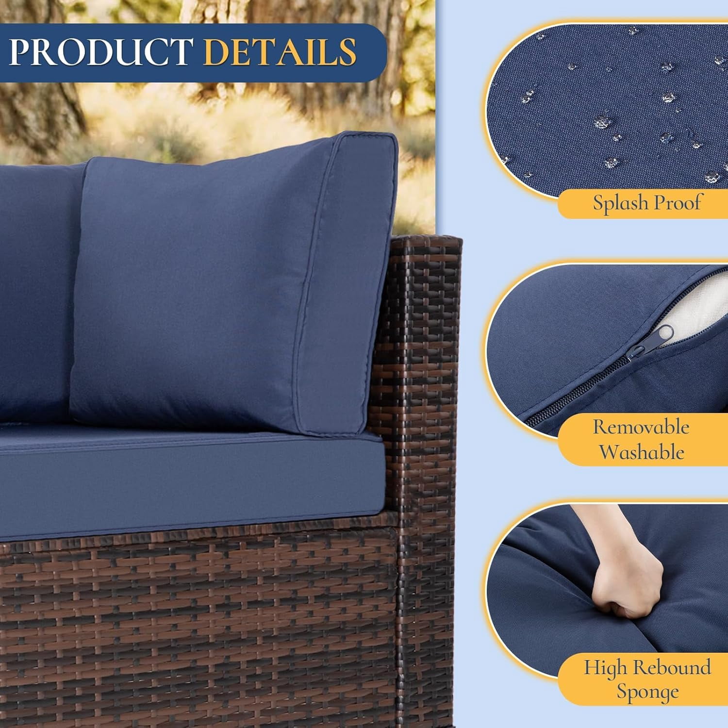 7 Pieces Outdoor Patio Furniture Set, Wicker Sectional Sofa Set Rattan Modular Patio Conversation Sets with Cushions Couch Set & Coffee Table for Outside, Garden, Balcony, Porch, Brown/Blue