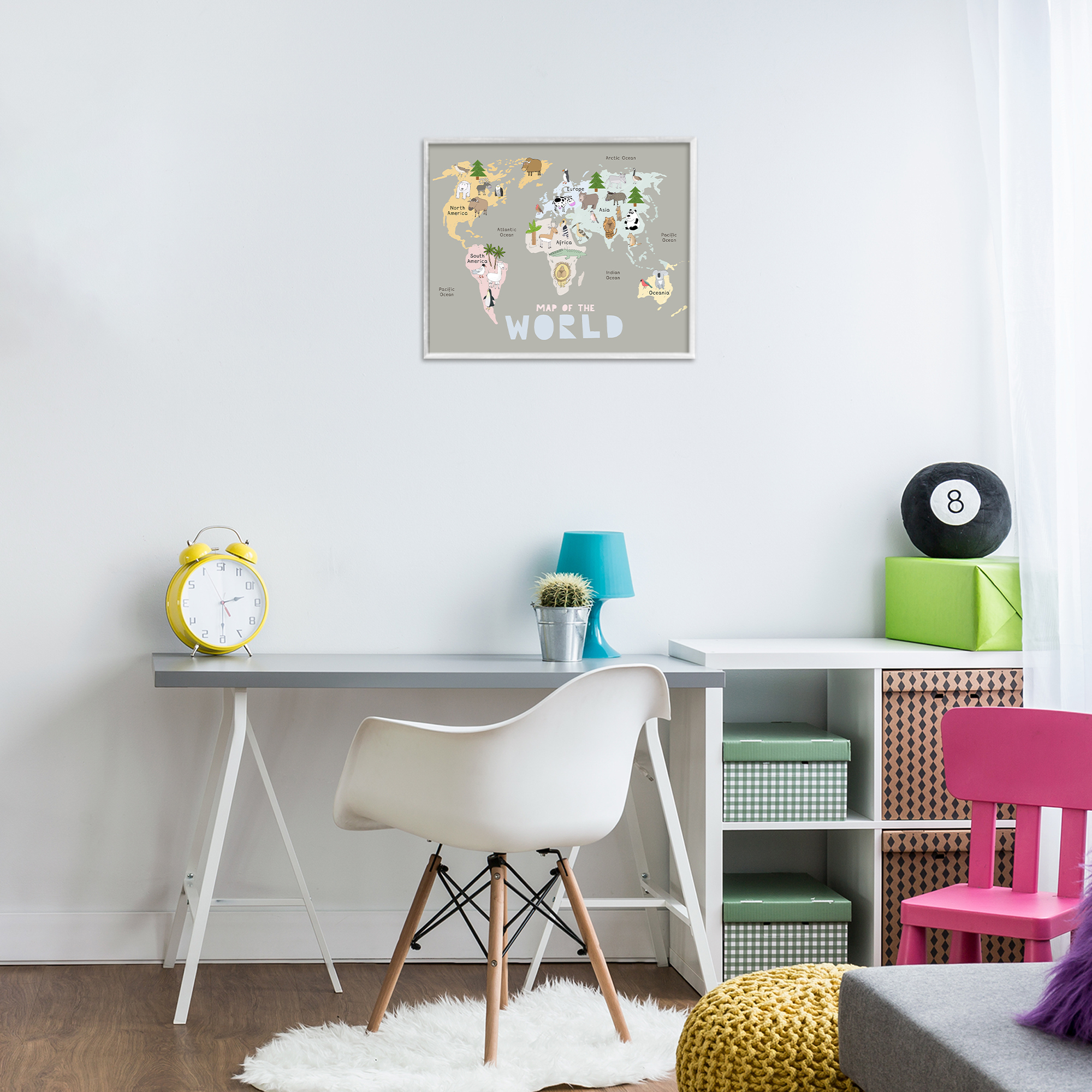 Kid's Map Of World Grey White Framed Giclee Art, design by Carla Daly