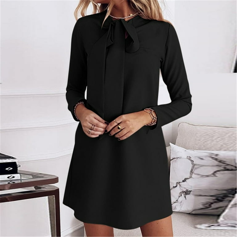 Length Color Fashion Bow Sleeve Knee Tie Women Dress V 2022 Solid