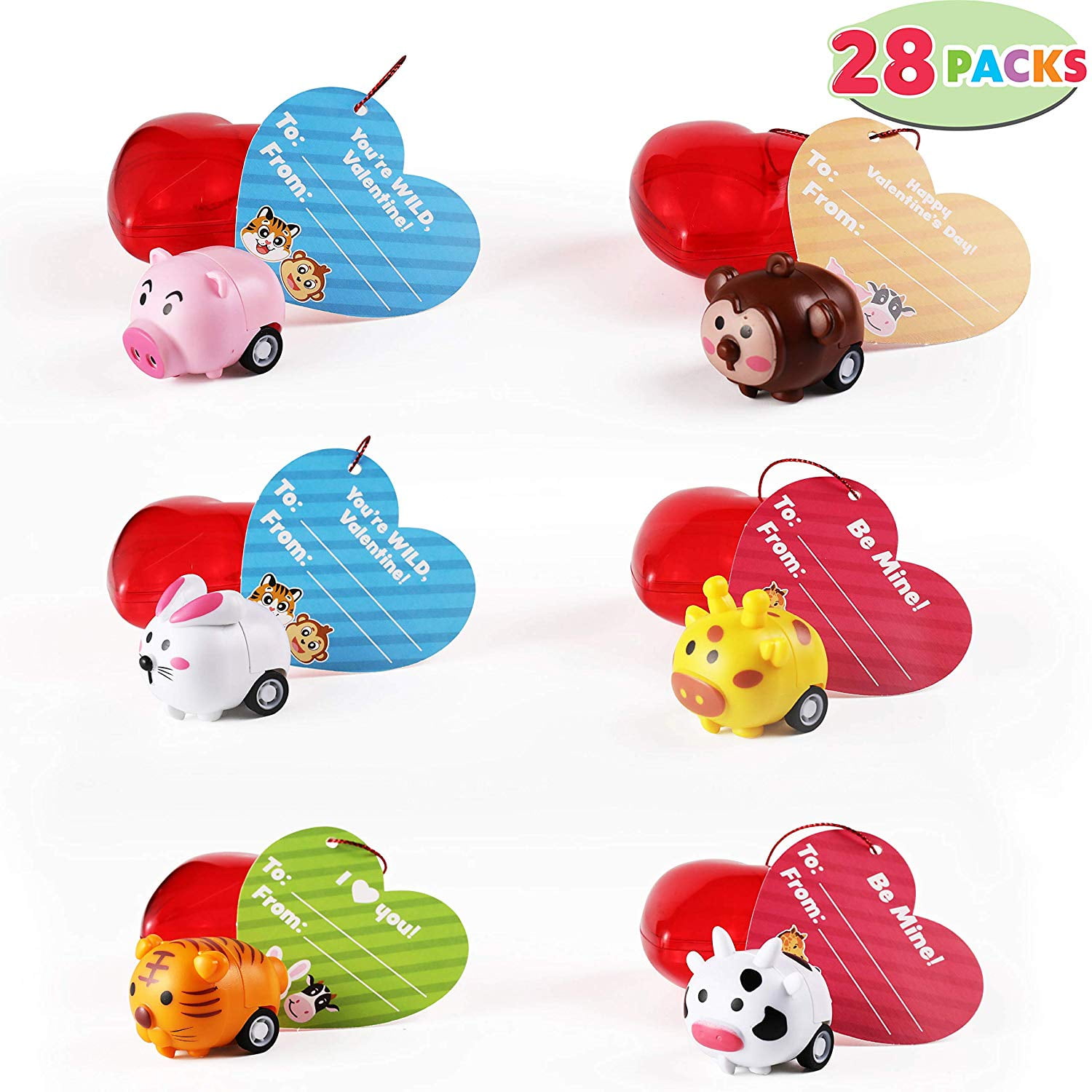 Game Prizes Gift Exchange JOYIN 30 Valentines Day Pre Filled Hearts with Animal Pullback Cars for Kids Valentine Classroom Exchange Cute Animal Pull Back Vehicle Toys for Valentine Party Favors 