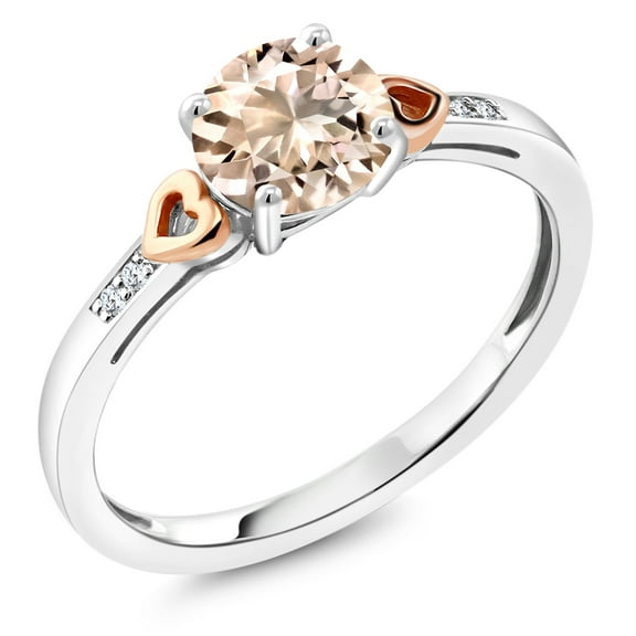 Gem Stone King 1.18 Ct Round Peach Morganite White Diamond 925 Silver and 10K Rose Gold Ring (Size 9)