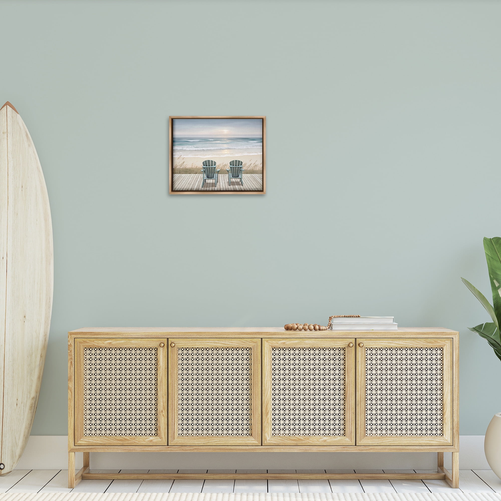 Stupell Industries Chairs with Beach Sunrise Landscape Painting Brown Floater Framed Canvas Art Print Wall Art, 21 x 17