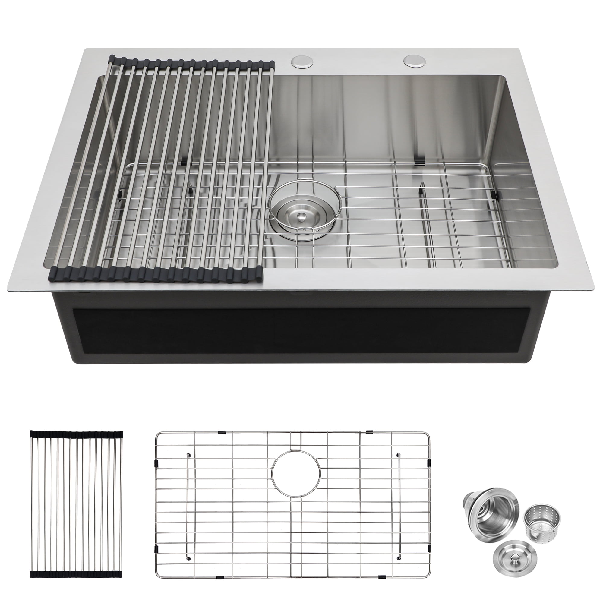 Izzovium 30x22 Inch 16 Gauge Stainless Steel Single Bowl Topmount Kitchen Sink, Brushed Nickel Finish with Soundproof Pad & Drain Assembly, Drop-In Design for Easy Installation