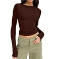 thumbnail image 1 of PEASKJP T-Shirt Court à Manches Longues Col Rond pour Femmes Basique Uni Ajusté Slim Fit Cropped Shirt Workout Yoga (Marron, L), 1 of 9
