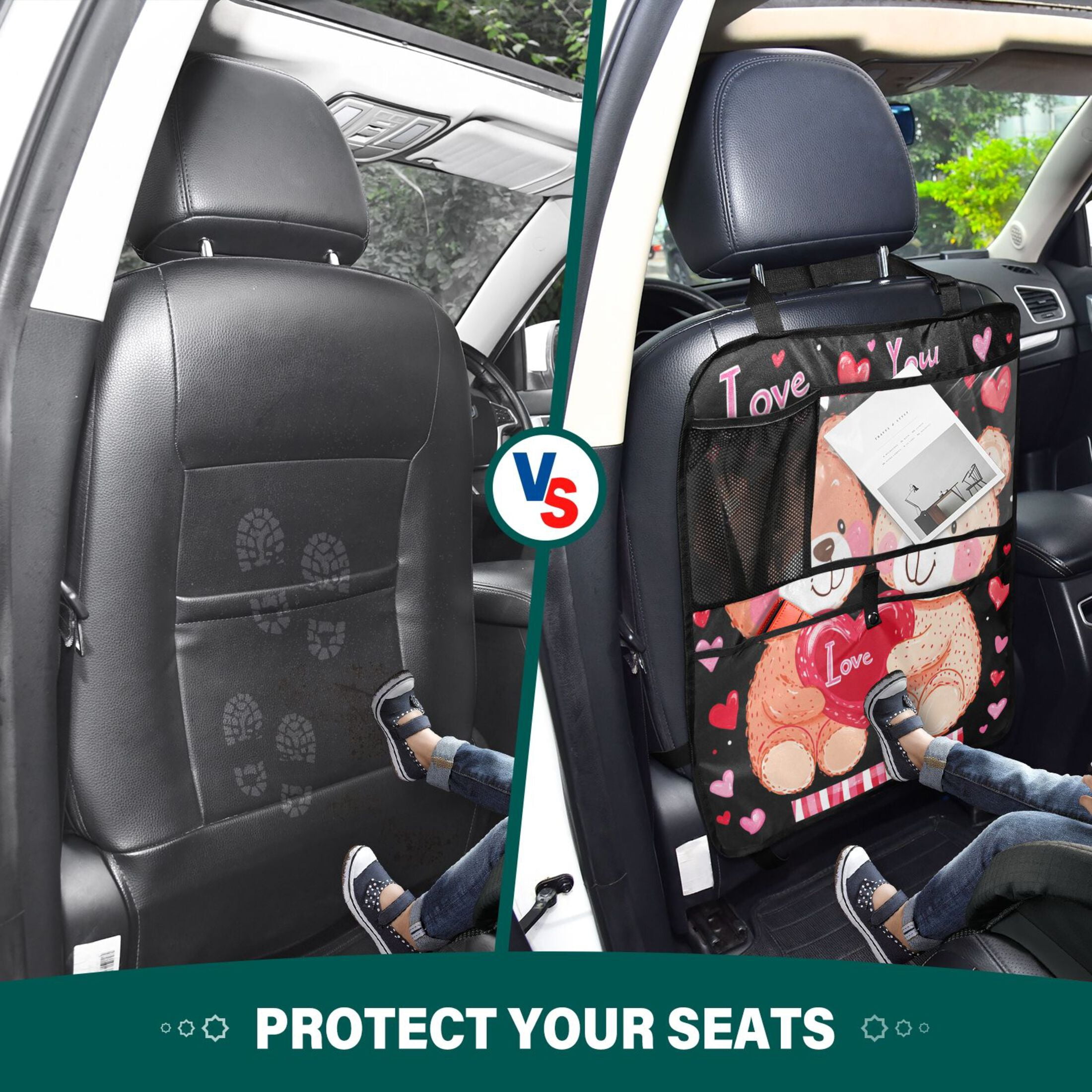 WOBOGO Cute Teddy Near Couple Pattern Backseat Car Organizer 2 PCS Footed Universal Car with Touch Screen Tablet Holder Rear Seat Protector