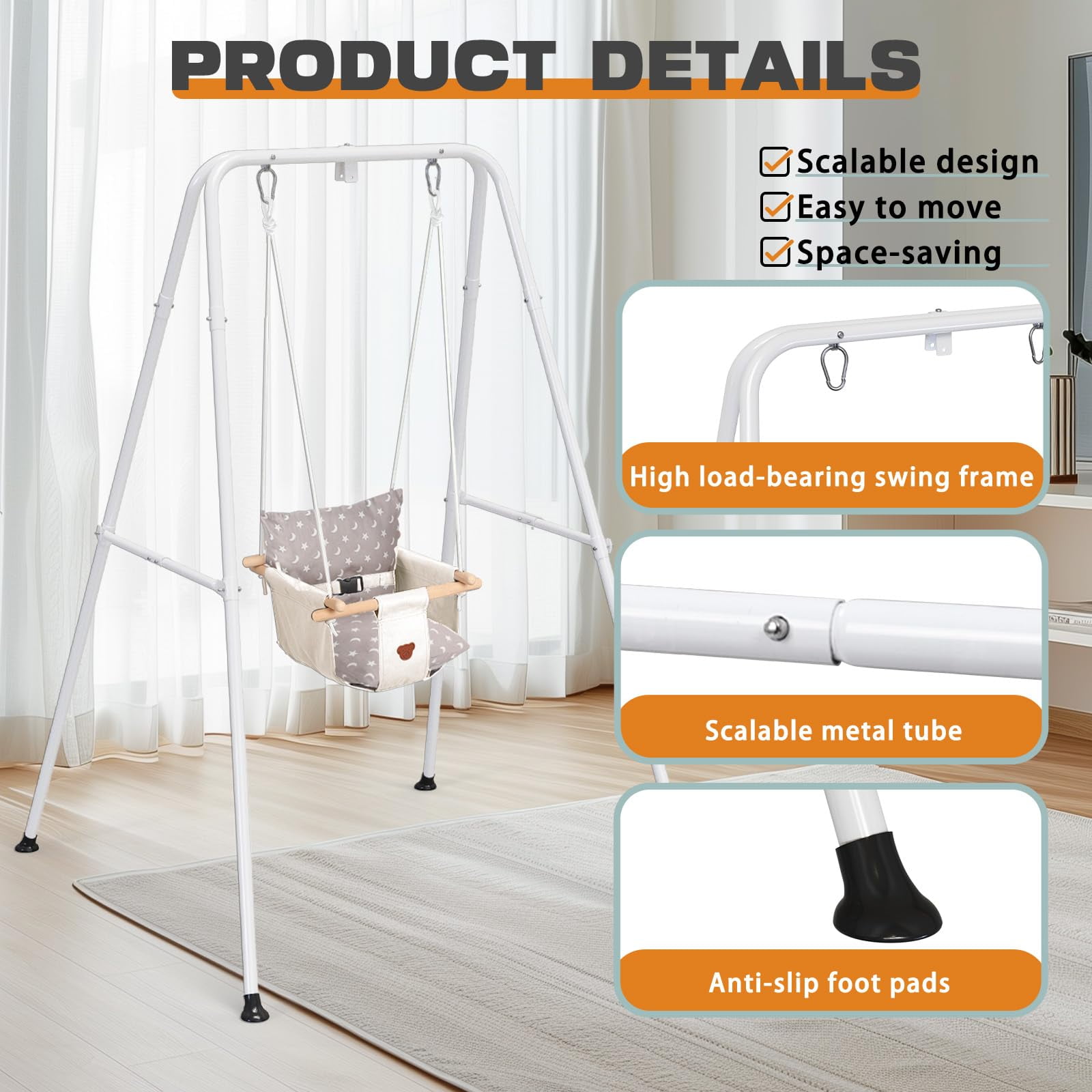 G TALECO GEAR Swing Sets for Outside, Baby Swing Outdoor with Canvas Cushion Seat, Toddler Swing for Girl/Boy, Age 6-24 months, White