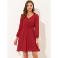 thumbnail image 3 of Vestido De Gasa Fluido Sólido Con Cintura Elástica Con Cuello En V Y Manga 3/4 Para Mujer Rojo S, 3 of 5