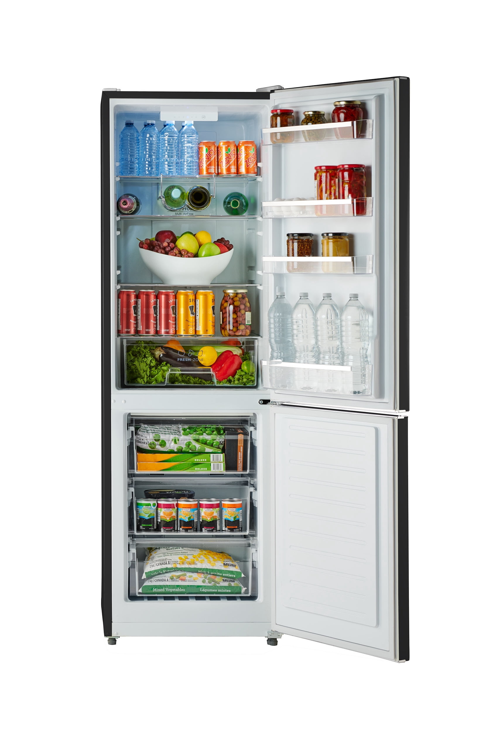 iio 24" 11 Cu Ft Bottom Freezer Retro Refrigerator, Fridge for Bedroom, Multiflow 360, Small Mini Ice Cube Tray, 1 Fruit container, LED, Dorm RV Office Beverage Quiet Compressor, Black (Right Hinge)