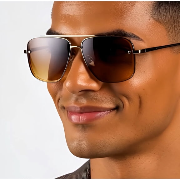 Men Sunglasses Fashion Style Square Gold Metal Frame Flat Diamond Cut Lens