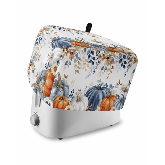 Thanksgiving Fall Small Toaster Cover 2 Slice, Kitchen Appliance Covers, Blue White Orange Pumpkin Leaves Toaster Oven Cover with Loop, Bread Machine Cover Polyester Dust Cover Protection