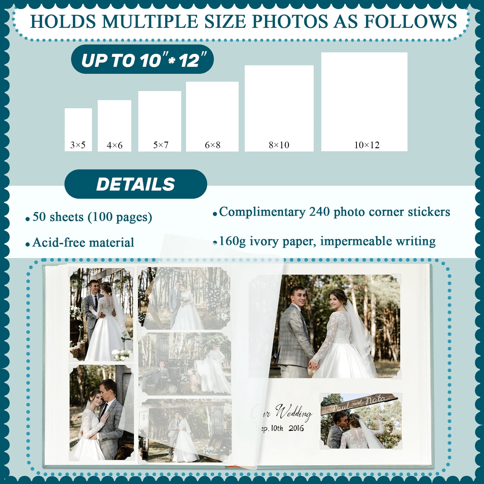 Customizable Scrapbook Album with Writing Space - Acid-Free 11.6 x 13 Inch Photo Album for Weddings, Baby, Graduation - Holds 3x5 to 8x10 Photos & Mementos (Blue)