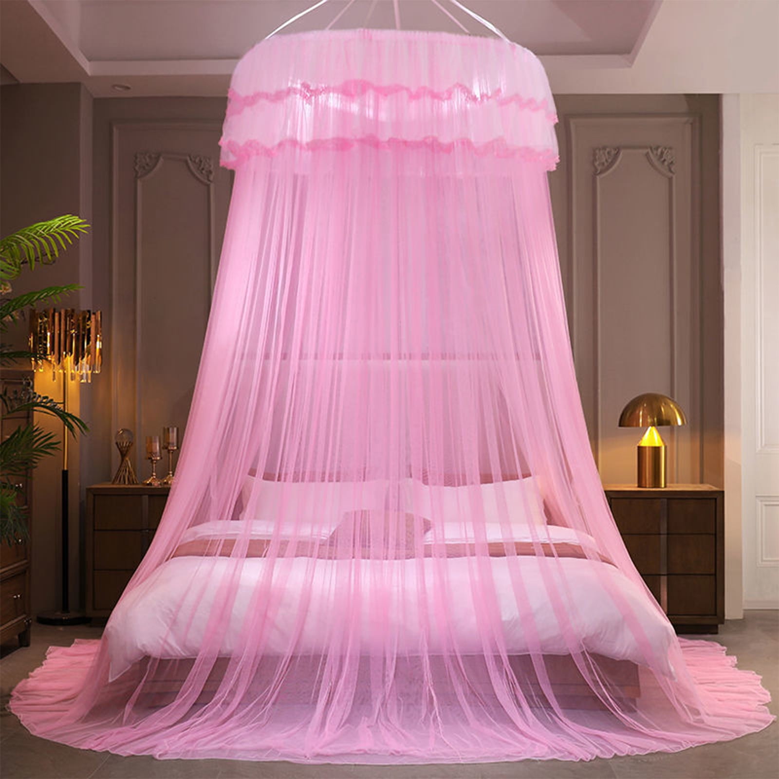 Princess-Style Bed Canopy with Mosquito Net, Ruffled Lace Ceiling-Mounted Dome, Foldable Polyester Fabric