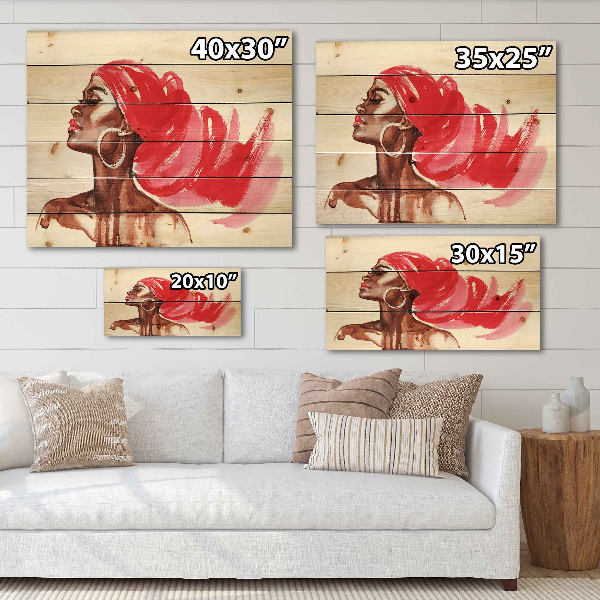 Designart 'Portrait of Afro American Woman IX' Modern Print on Natural Pine Wood
