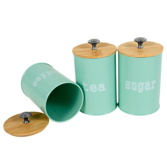 3Pcs Tea Coffee Sugar Canister Metal Kitchen Container with Airtight Bamboo Lid Countertop Round Coffee Storage Jar for Beans Flour Spice