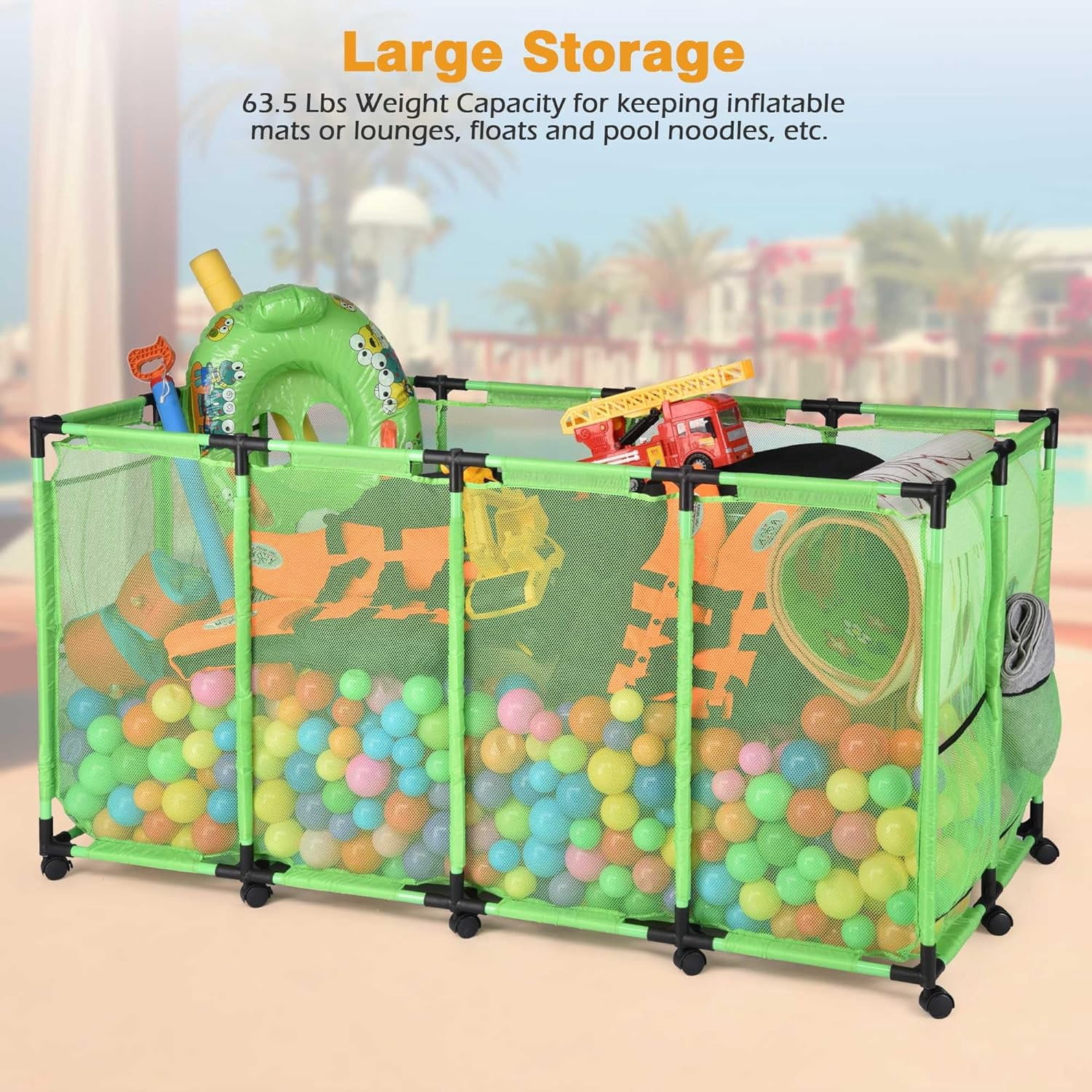 Mesh Pool Storage Bin Rolling Storage Coating Metal Frame Organizer Swimming Toys Holder Pool Float Holders Metal Frame Sturdy Connector, XXX-Large, 65" L x 30" W x 33" H, Green