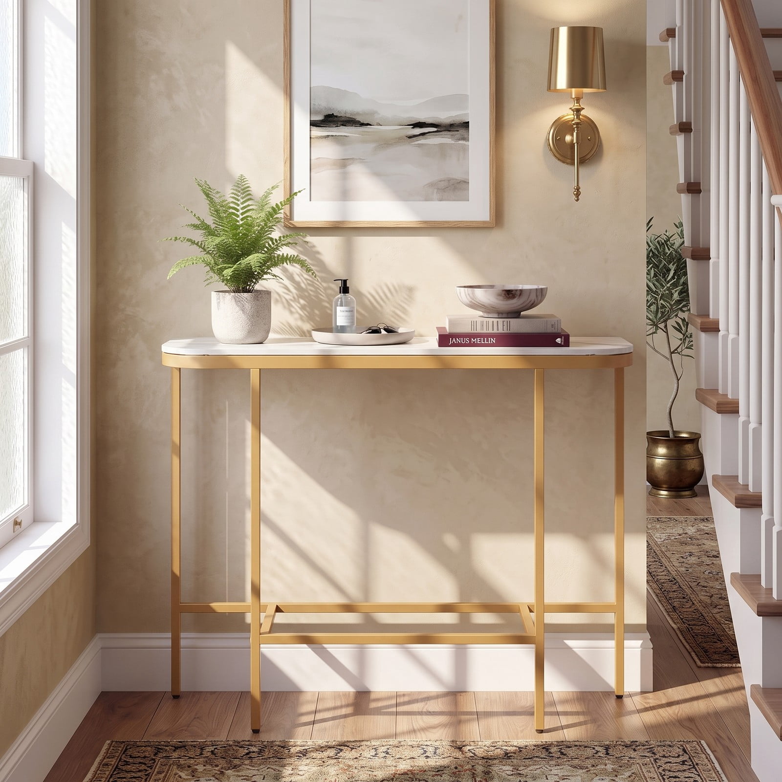 Furnibear 44 Inch Console Table with Faux Marble Tabletop and Heavy-Duty Metal Frame for Entryway and Living Room, White and Gold
