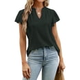 thumbnail image 1 of Tops con cuello en V Diseño hueco Puños sueltos transpirables de moda Tops de color puro Tops casuales de manga corta para playa Negro XL, 1 of 6