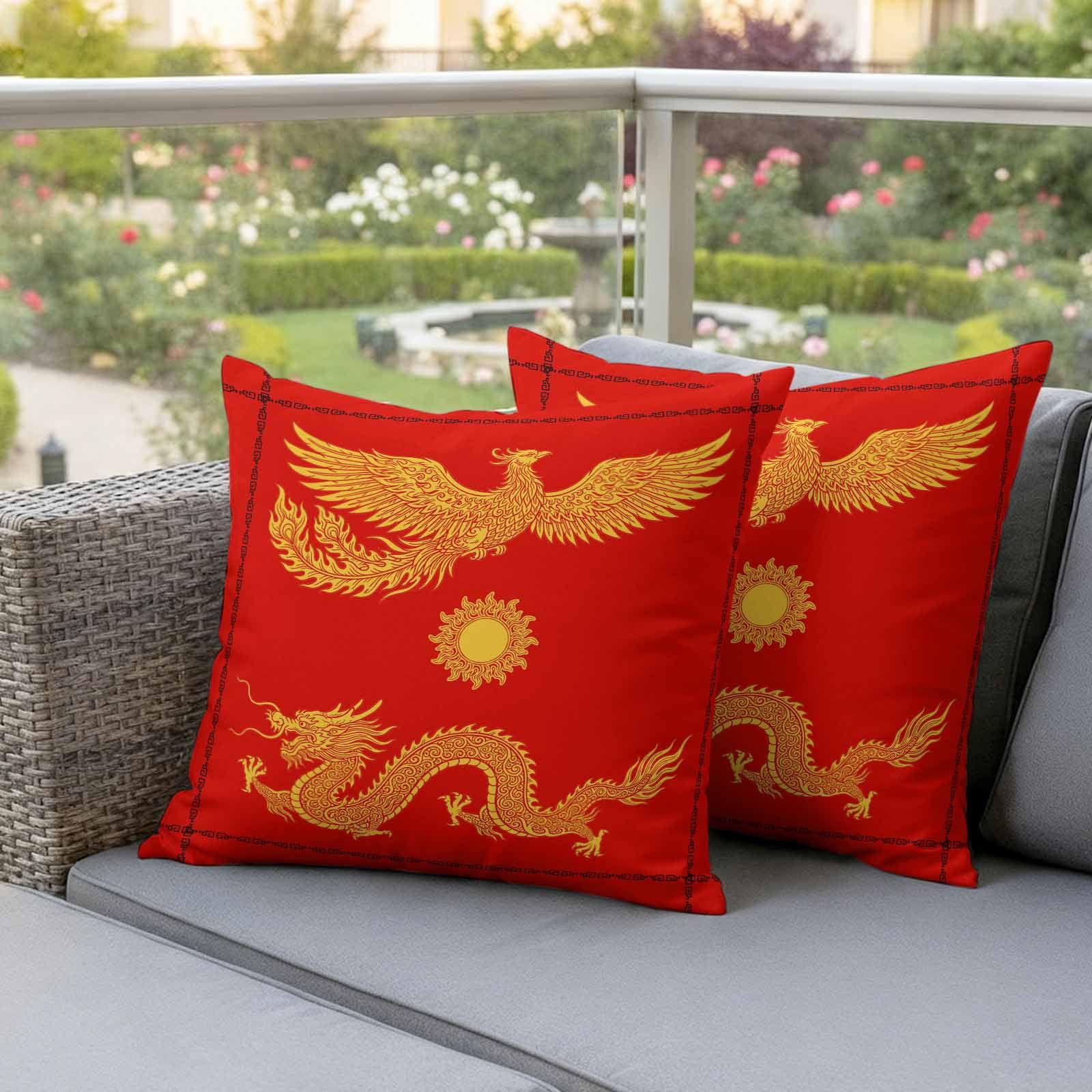 Chinese New Year Outdoor Waterproof Pillow Covers, Yellow Dragon Traditional Art Red Decorative Square Throw Pillowcase Sofa Cushion Sham for Patio/Couch/Chair, 18"x18" 2 Pack