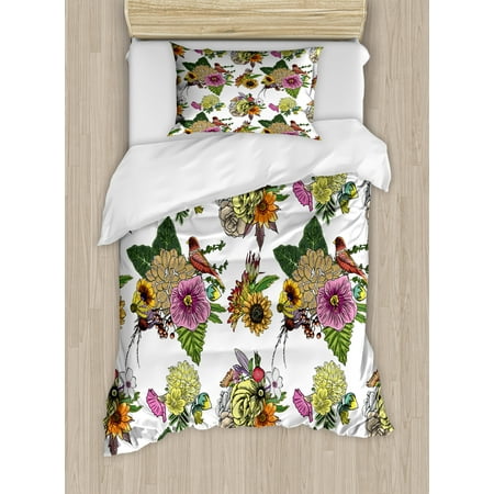 Botanical Duvet Cover Set Twin Size Roses Dahlia Hibiscus With