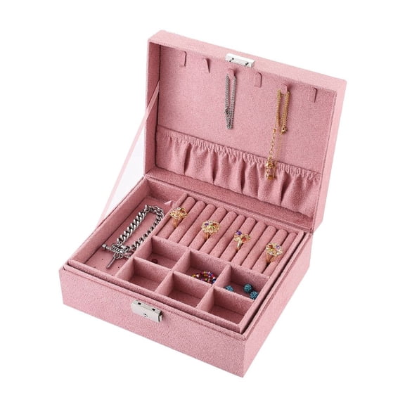 Velvet & Wood Jewelry Boxes Portable Jewelry Storage Case with Alloy Lock for Ring Earrings Necklace Rectangle Pink 23.1x18.7x9.1cm