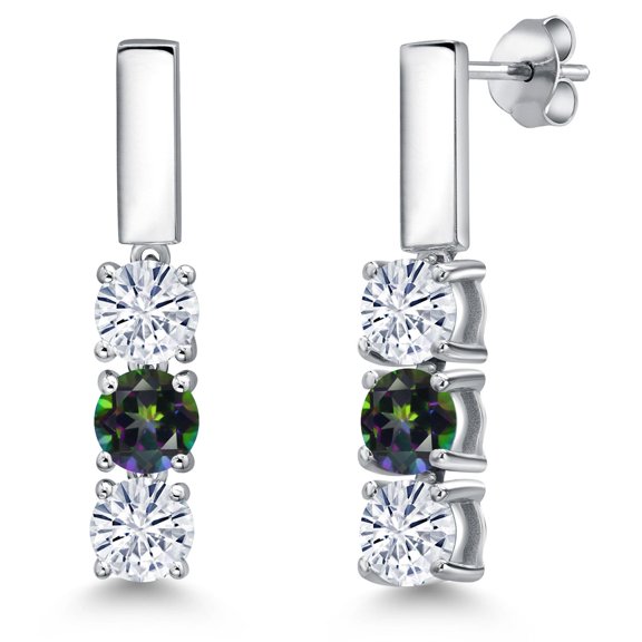 Gem Stone King 925 Sterling Silver White Moissanite and Green Mystic Topaz Drop Dangle Earrings for Women | 1.55 Cttw | Gemstone Birthstone | Round 5MM