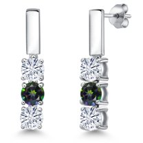 Gem Stone King 925 Sterling Silver White Moissanite and Green Mystic Topaz Drop Dangle Earrings for Women | 1.55 Cttw | Gemstone Birthstone | Round 5MM