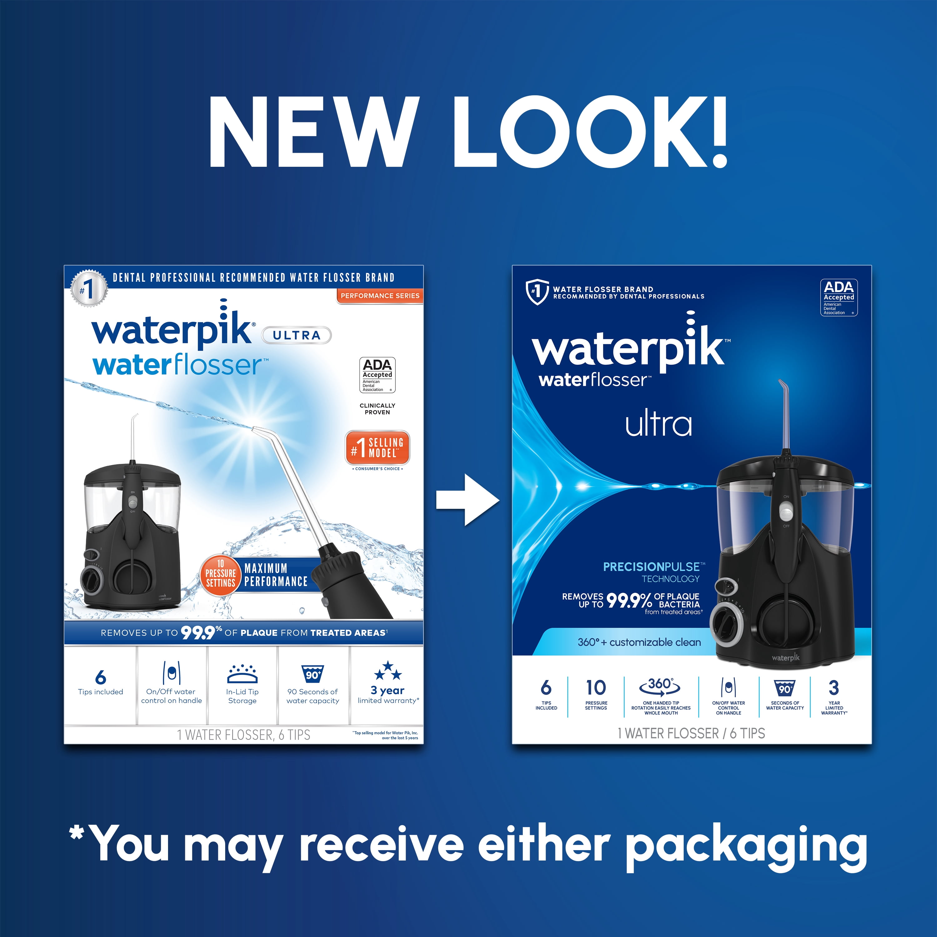 Waterpik Ultra Water Flosser with 10 Settings, 6 Tips, ADA Accepted, Black