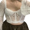 thumbnail image 3 of Women Hollow Out Crop Tops  Bell Sleeve Solid Color Crochet T-Shirts, 3 of 10