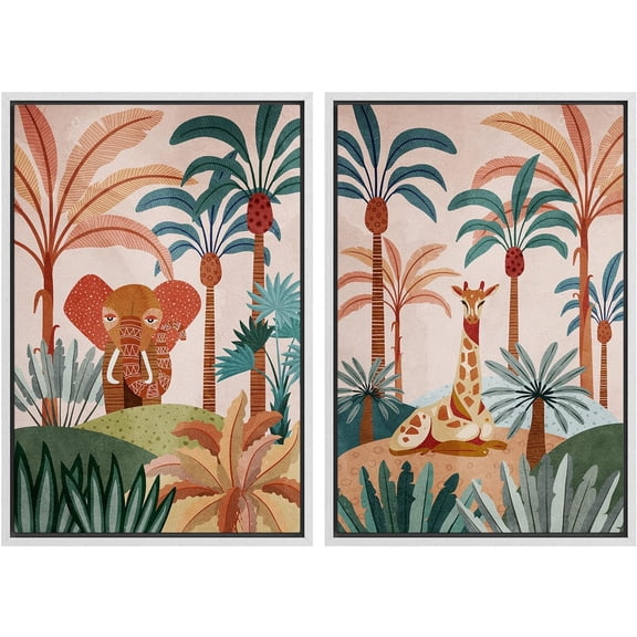 IDEA4WALL Framed Canvas Print Wall Art Set Elephant & Giraffe in Tropical Jungle Safari Digital Art Decorative Bohemian Colorful Chic Artwork for Living Room, Bedroom, Office - 24"x36"x2 White