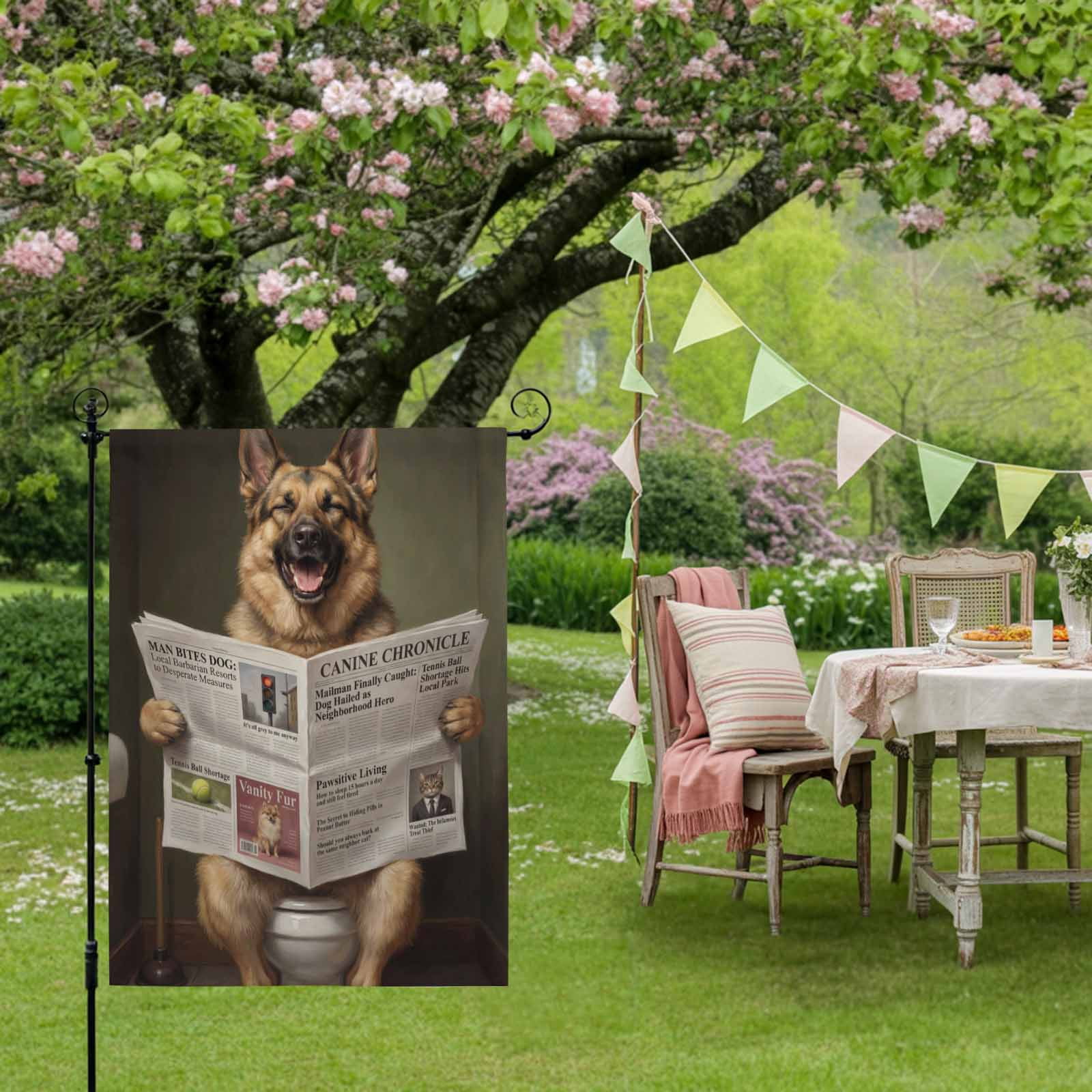 Funny Dog Puppy House Flag 28 x 40 Inches, Cute German Shepherd Cartoon Newspaper Toilet Weather Proof Outdoor Patio Flags Double Sided Small House Decoration for Yard Lawn Outside Home