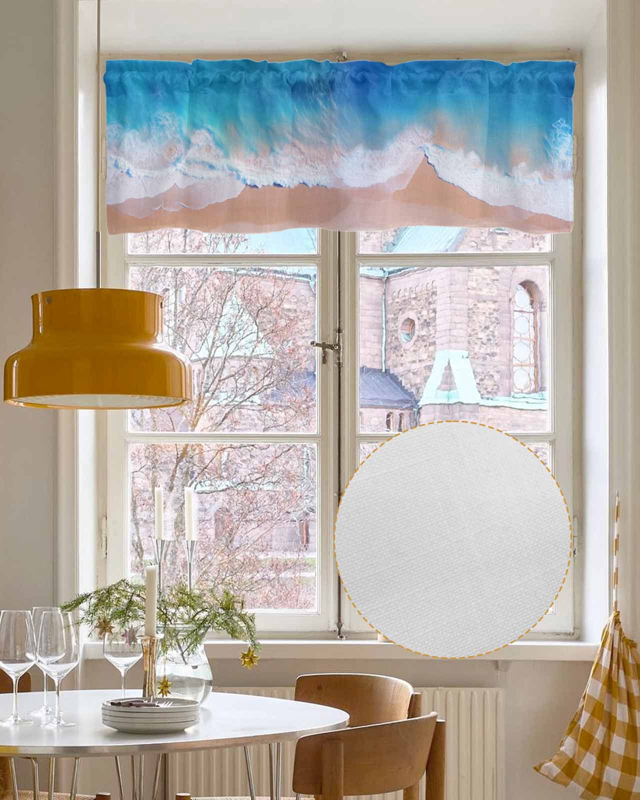 Blue White Ocean Wave Linen Curtain Valance for Bedroom/Bathroom/Kitchen/Office/Living/Dining Room Windows,Summer Sandy Beach Coastal Nautical Pocket Topper Drapes Decorative Cafe Drapery Panel 54x18