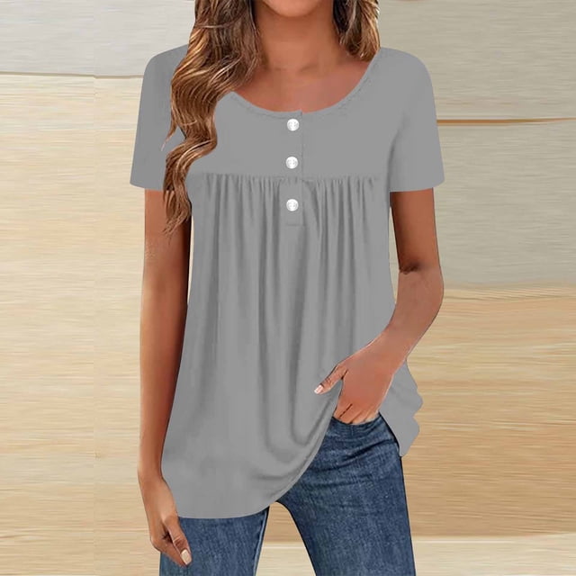 TaTaai Pleated Blouse Stretchy Soft Lightweight Women's Loose Fit Short Sleeve Round Neck Button Detail Casual Daily Fashion All-Season Versatile Top Gift