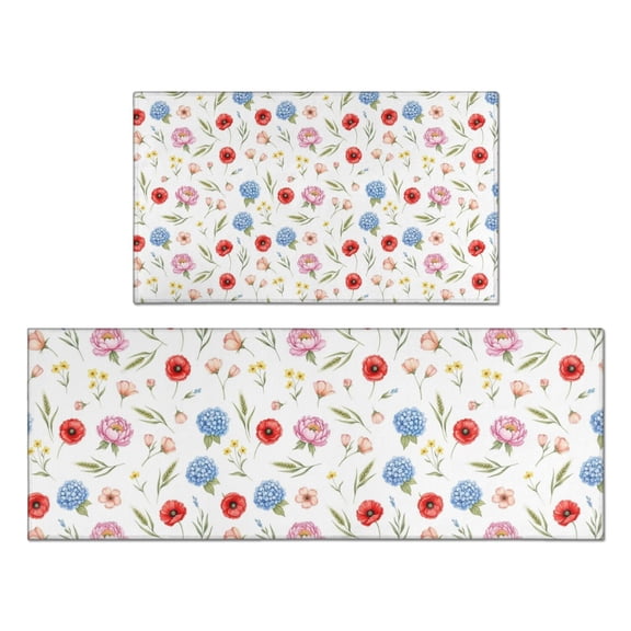 Pioneer Flower Floral Print Pattern Kitchen Rugs Sets Of 2, Anti Fatigue Non Slip Washable Floor Mats for Kitchen Sink Laundry, 17X30 Inch 17X47 Inch