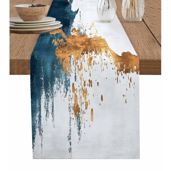 Tea Blue Yellow Table Runner 70 Inches, Modern Abstract Art Aesthetics Bed Runner Dresser Scarves Tabletop for Indoor Outdoor Parties/Ceremony/Banquet, 13" x 70"