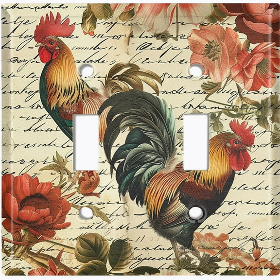 Metal Light Switch Wall Plate Outlet Cover (Printed Image of Scrapbook Art with Rooster and Flowers - Double Toggle)