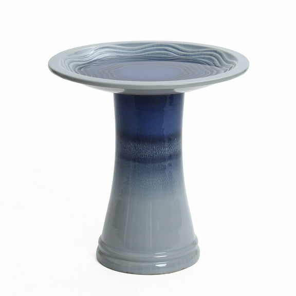LuxenHome Blue Waves 18-Inch Tall Ceramic Birdbath