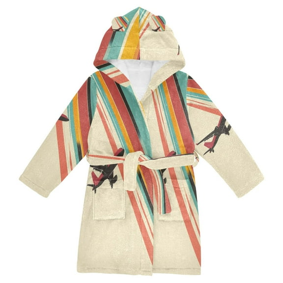 FORMRS Niños Bathrobe Unisex Hooded Robe Soft Plush Pajamas Sleepwear, Size 2-3T, Colorful Plane Stripes