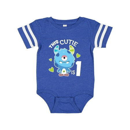 

Inktastic This Cutie is 1 with Cute Blue Monster and Hearts Gift Baby Boy Bodysuit