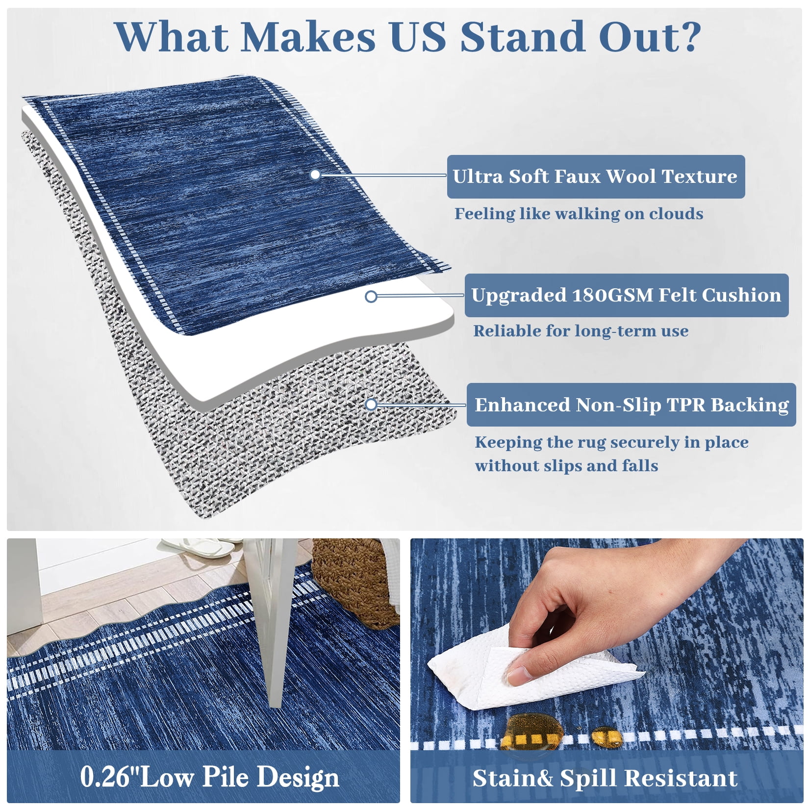 FairOnly Navy Blue 10'x13'Modern Machine Washable Plain Area Rug with Ruffled Border Non Slip Soft Carpet for Living Room Kitchen Entrance