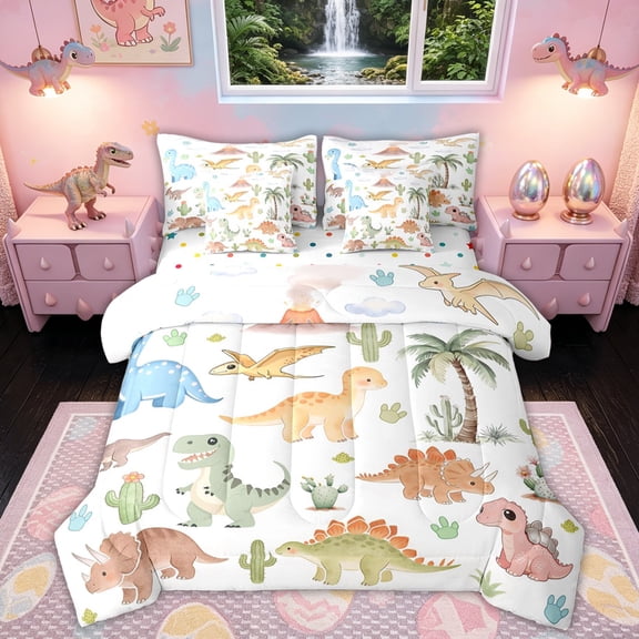 Feelyou Desert Tropical Cartoon Dinosaur Twin Bedding Sets for Boys Girls, Cute Volcano Palm Tree Bedding Comforter Set, Green, Polkadot Reversible, 7 Pieces
