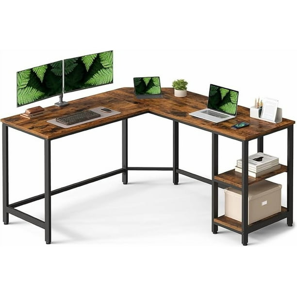 VASAGLE Escritorio, Mesa de Ordenador en Forma de L, 138 x 138 x 76 cm, con 2 Estantes, Ahorra Espacio, Marrón Rústico y Negro