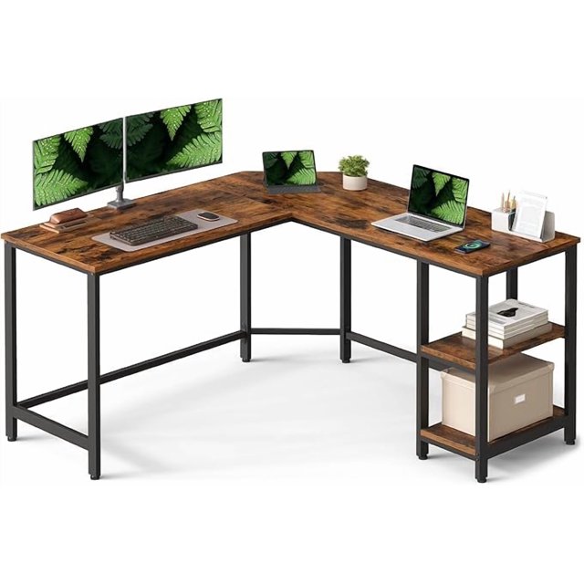 VASAGLE Escritorio, Mesa de Ordenador en Forma de L, 138 x 138 x 76 cm, con 2 Estantes, Ahorra Espacio, Marrón Rústico y Negro