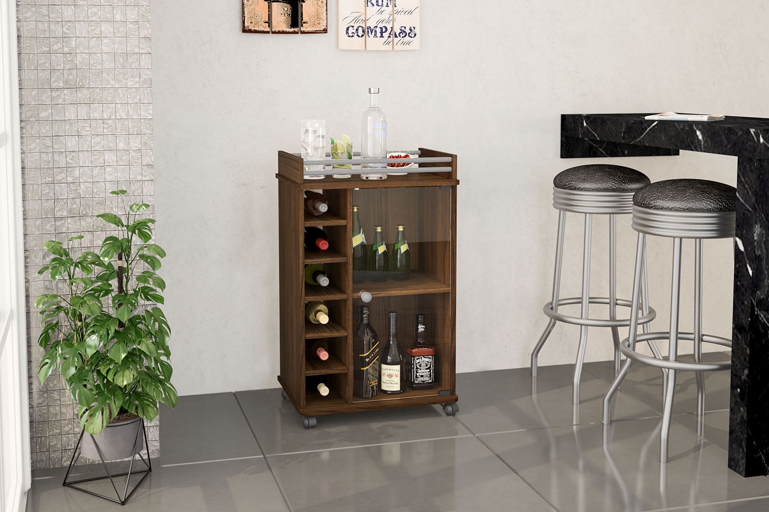 Polifurniture Laguna Portable Bar with Glass Door, Walnut