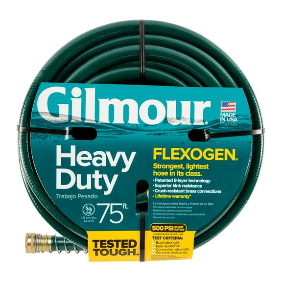 Gilmour Flexogen 75ft Heavy Duty Garden Hose, 5/8" All-Weather Water Hose with Crush-Resistant Brass Fittings, 500 PSI Burst Strength, Kink & Leak Resistant