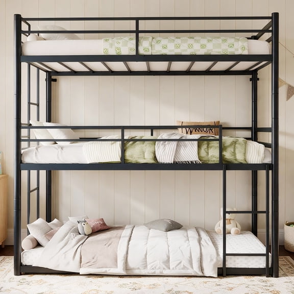Leumius Triple Bunk Bed for 3 Kids/Teens,Bunk Bed Twin Over Twin Over Twin,Heavy Duty Metal Bed Frame with Guardrail and Ladder, No Box Spring Needed,Black