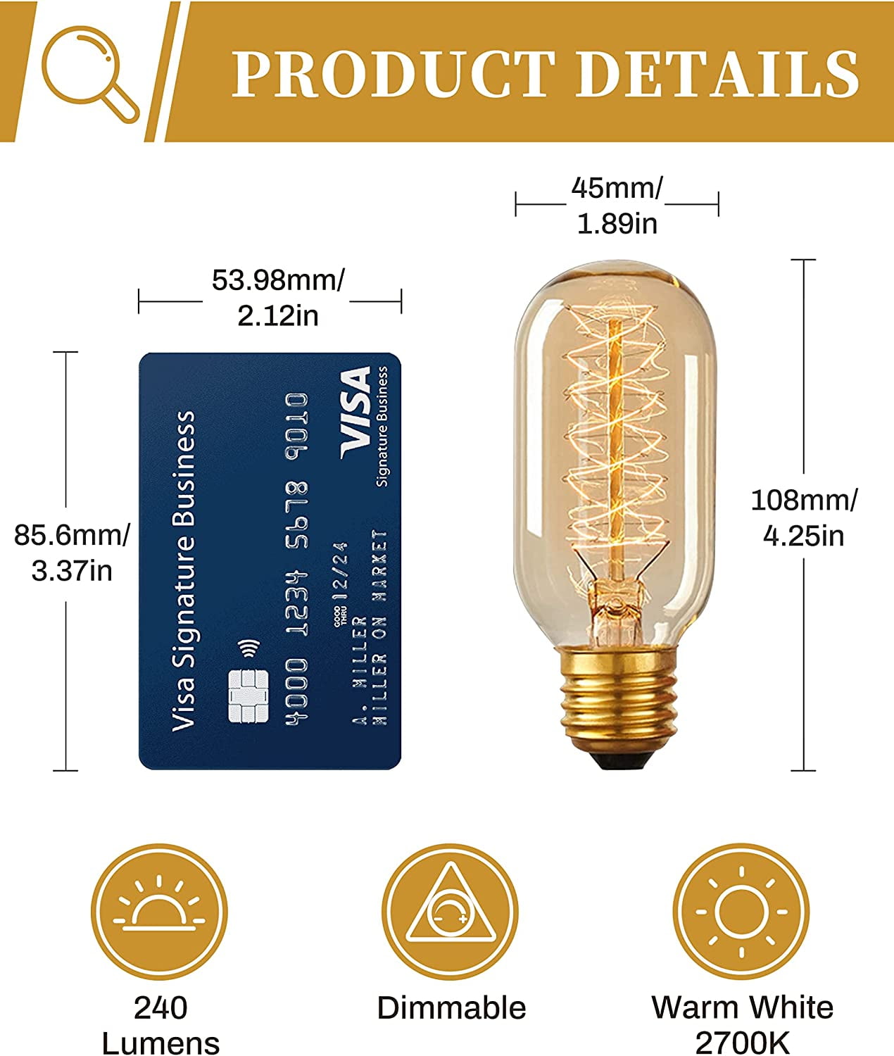 Edison Bulbs, Vintage Edison Light Bulbs 40 Watt, T45, 110-130 Volts/220-240Volts, E27/E26/B22 Base Incandescent Dimmable Decorative Antique Filament Light Bulbs, Amber Glass, Warm White, 4 Pack