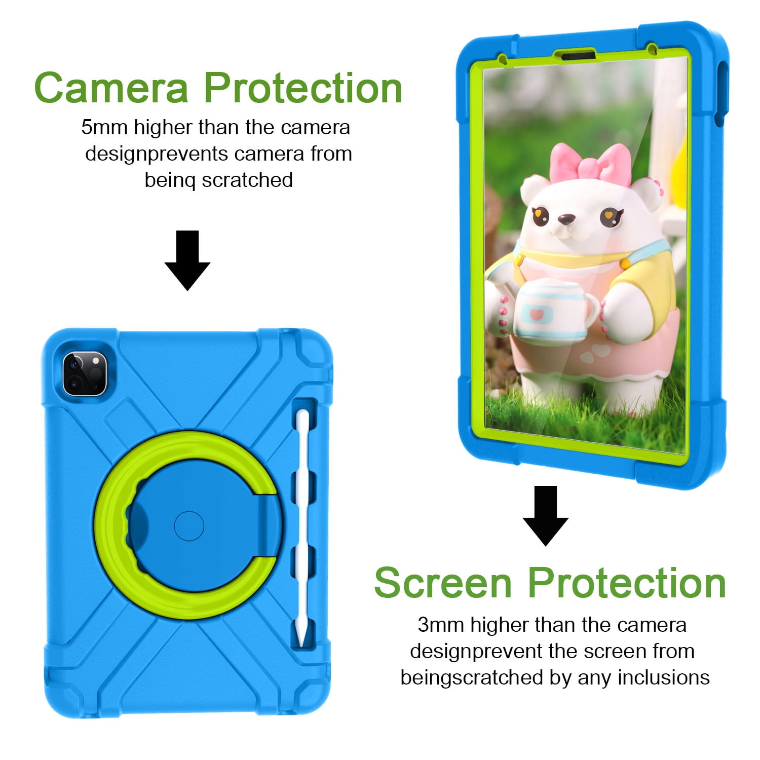 iPad Pro 11 2020 Case with Pencil Holder, Allytech Kids Friendly Case 360 Rotating Kickstand Heavy Duty Protective Shockproof Case Cover for Apple iPad Pro 11 2nd Generation 2020, Blue/Green