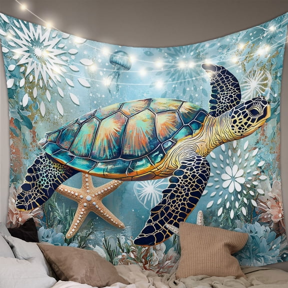 Coastal Sea Turtle Tapestry for Bedroom Wall Hanging Tapestry, Vintage Teal Nautical Beach Botanical Ceiling Backdrop Tapestries Poster Blanket Wall Decor for Teens Room Living Room Dorm 59" x 90"